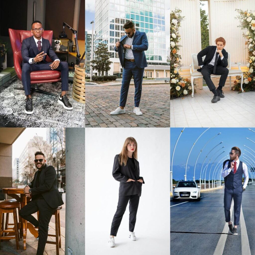 スーツにスニーカーを合わせたコーディネイト集