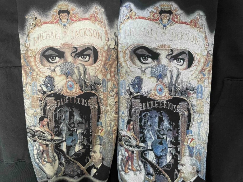 Supreme x Michael Jackson Dangerous Zip Up Hooded Sweatshirtの袖プリントの本物・偽物比較